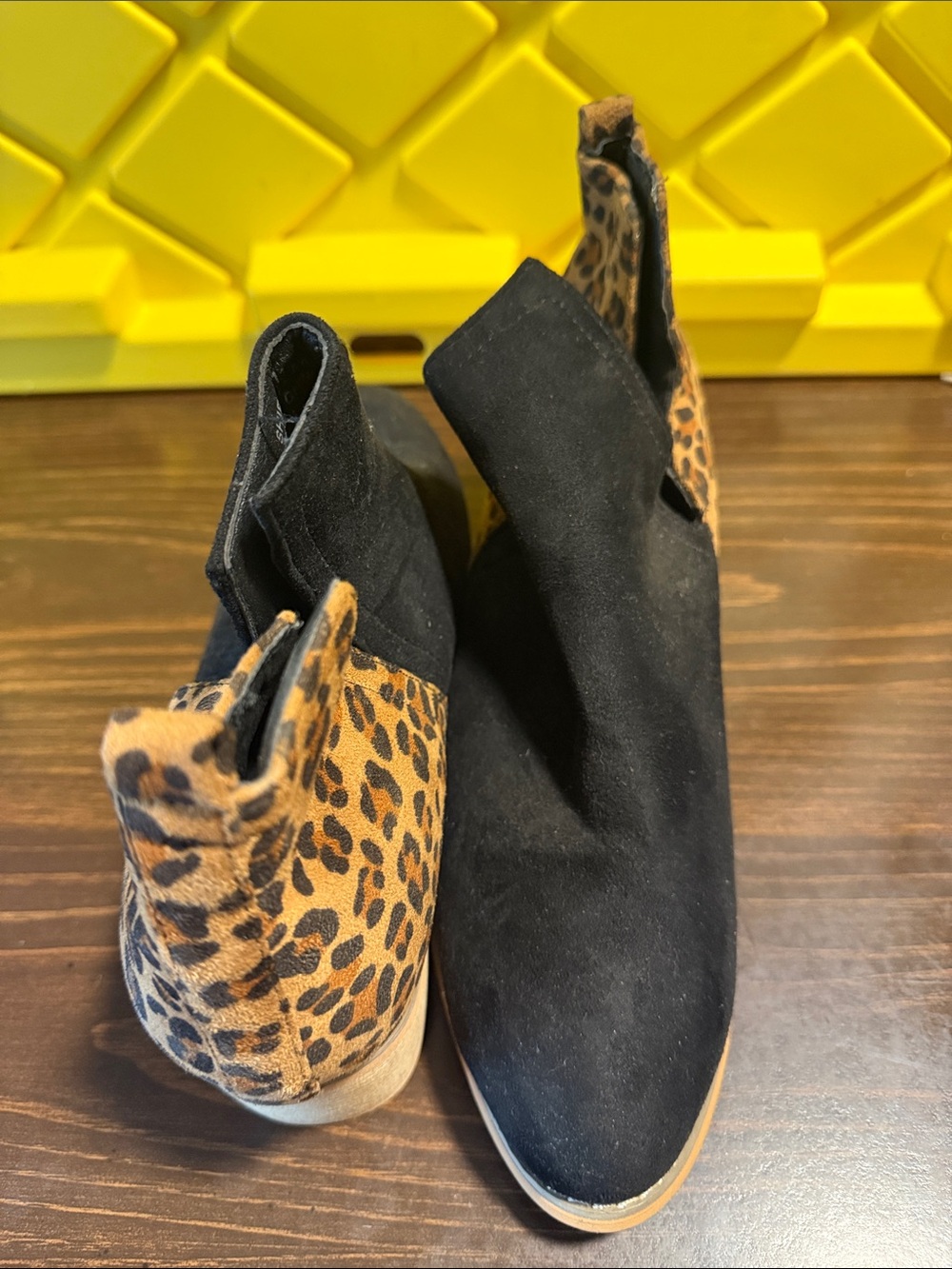 Black Suede Ankle Boots with Leopard Heel Accent